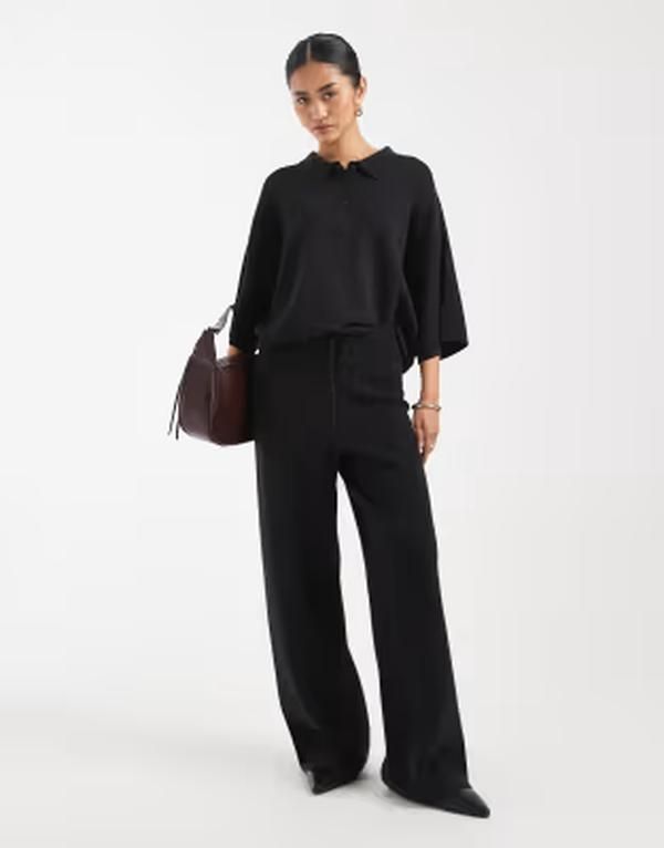 エイソス レディース ボトムス カジュアルパンツ ワイドレッグ ASOS DESIGN wide leg pants set Black ブラック