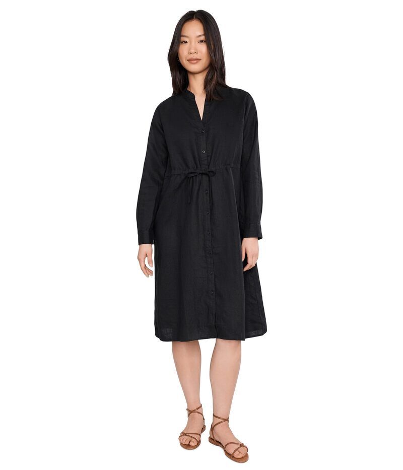エイリーンフィッシャー レディース トップス ワンピース プチ リネン Eileen Fisher Petite Organic Linen Mandarin Collar Dress Black ブ