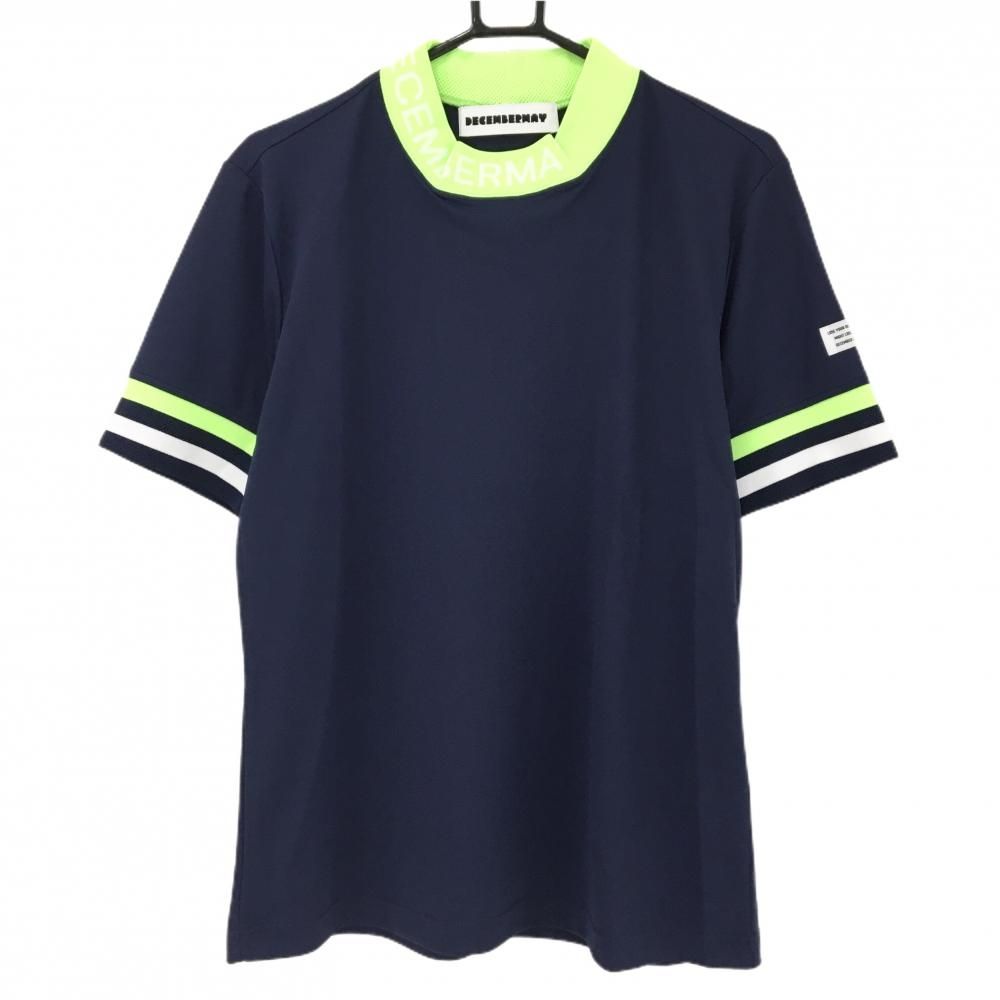 【超美品】ディセンバーメイ 半袖ハイネックシャツ ネイビー×蛍光グリーン×白 ネックロゴ メンズ L ゴルフウェア DECEMBERMAY