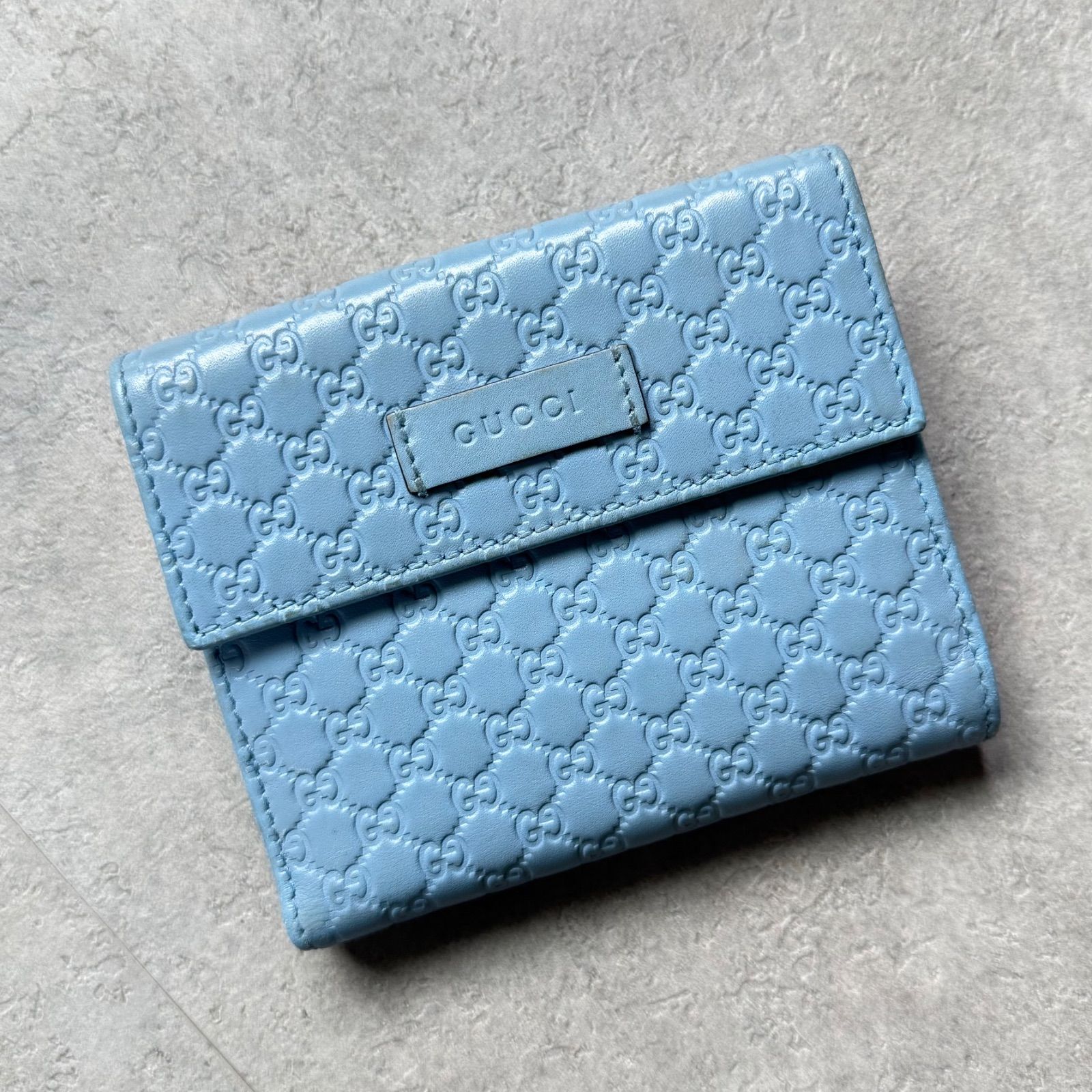 GUCCI グッチ マイクログッチシマ 二つ折り財布 インターロッキング レザー 水色 wホック