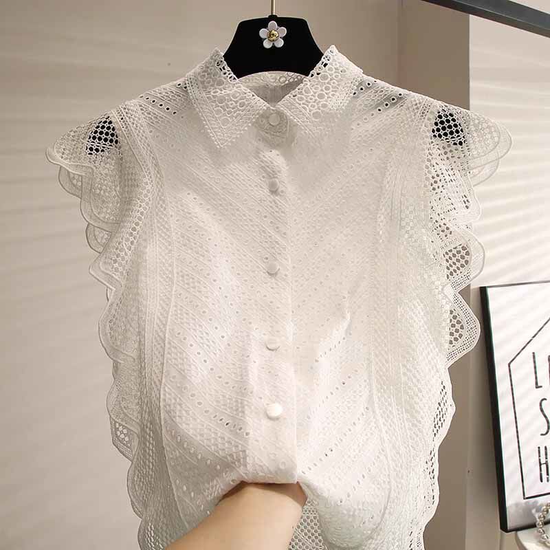 総レース ノースリーブブラウス カットワーク刺繍 襟付き 肩フリル コットン ホワイト 白 上品 フェミニン 大人可愛い 透け感 涼しげ デート お出かけ