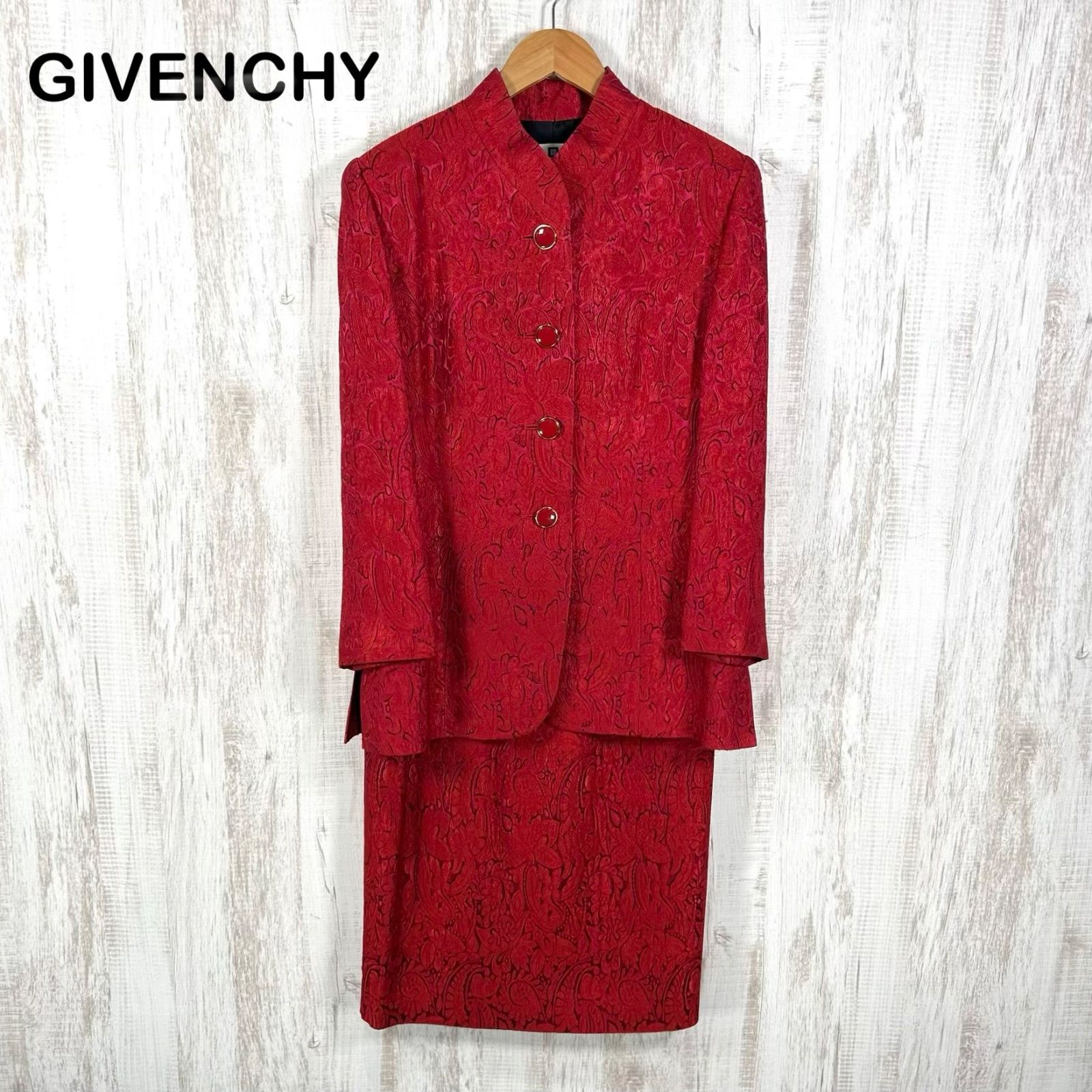 美品 GIVENCHY ジバンシー ジャガード ノーカラージャケット スカートセットアップ レッド