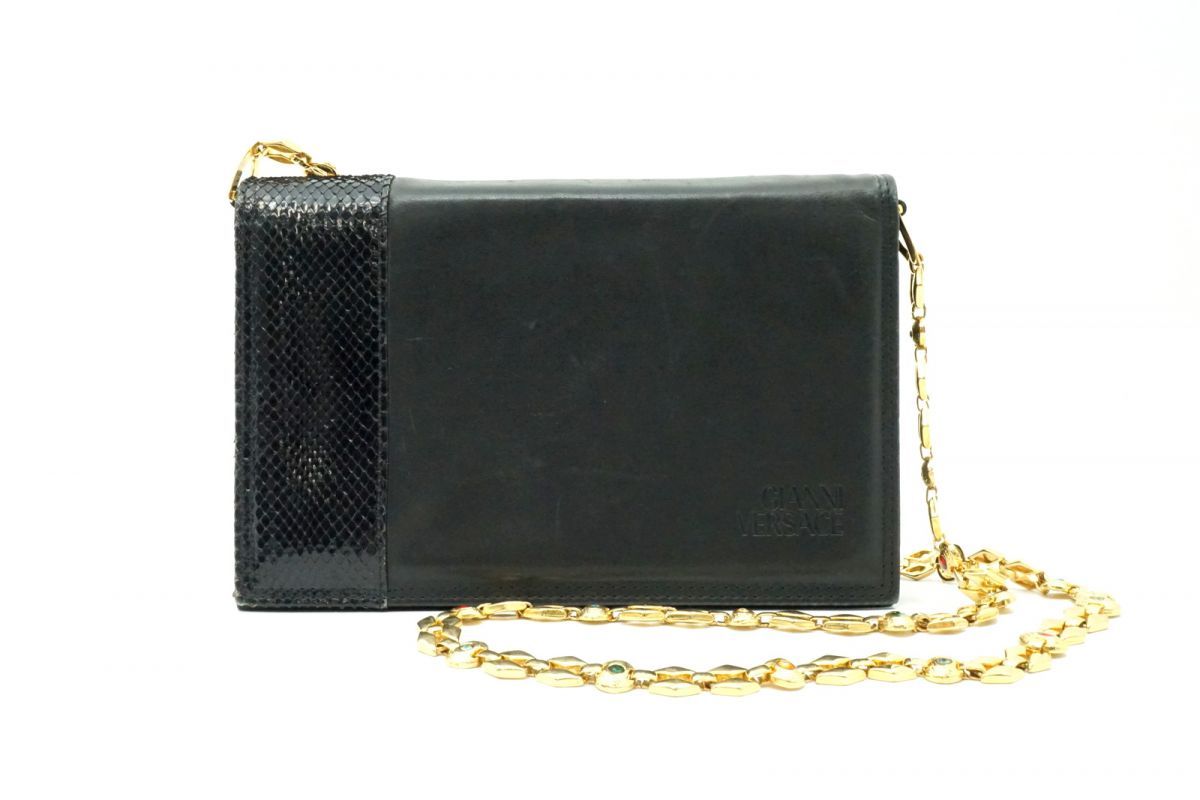 ジャンニ ヴェルサーチェ ヴィンテージ ショルダーバッグ チェーン ラインストーン パイソン レザー 黒 ブラック GIANNI VERSACE 6969h 28,470円