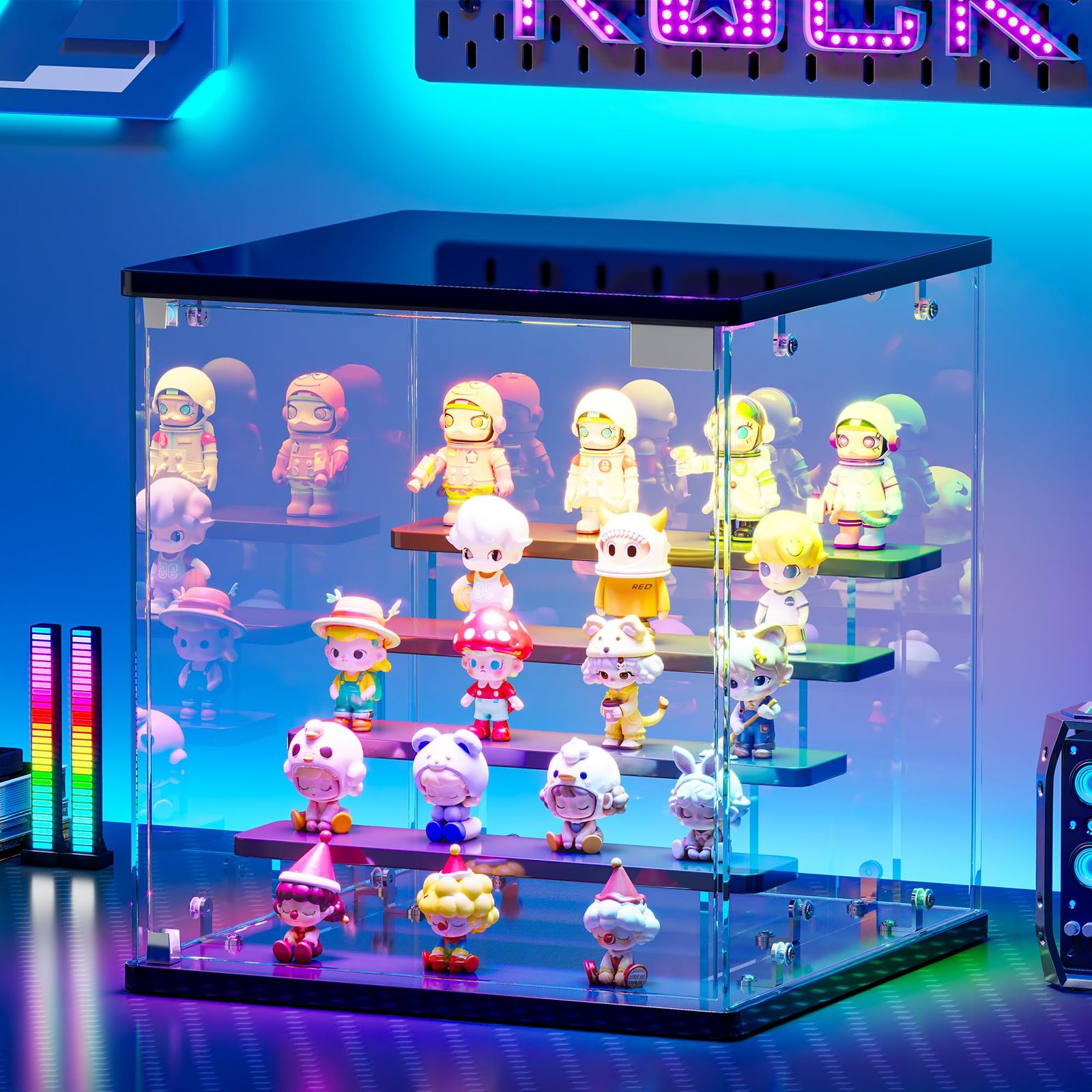 Lvifur 30×30×30cm 5 段 フィギュアショーケース 四面ガラス アクリル棚 RGB ライト搭載 音楽リズム連動機能 ワンプッシュ式扉 ミニカー・コレクションケー?? ディスプレイ収納(ブラック)