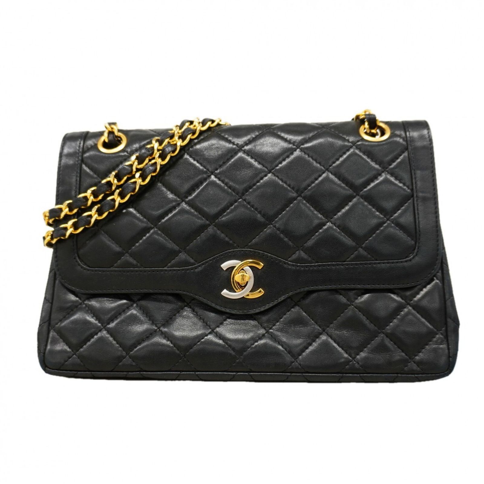 シャネル(Chanel) シャネル ショルダーバッグ マトラッセ パリ限定 Wフラップ Wチェーン ラムスキン ブラック ゴールド レディース