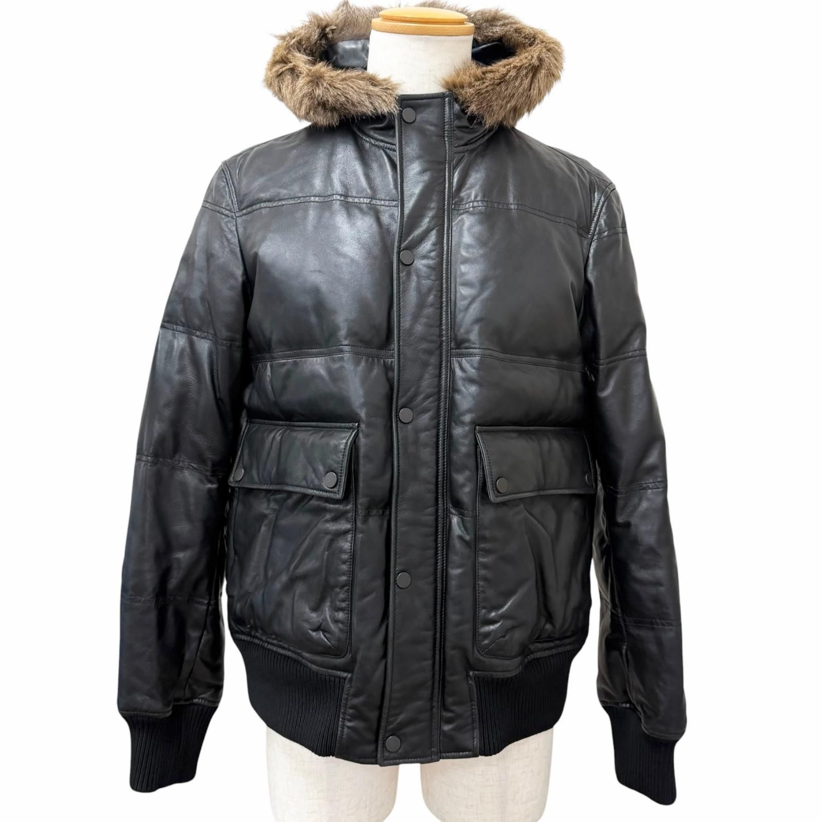 美品□Dunhill ダンヒル ラムスキン レーヨン ワラビーファー レザーダウンジャケット ブラック OS(R fit) イタリア製 正規品 メンズ