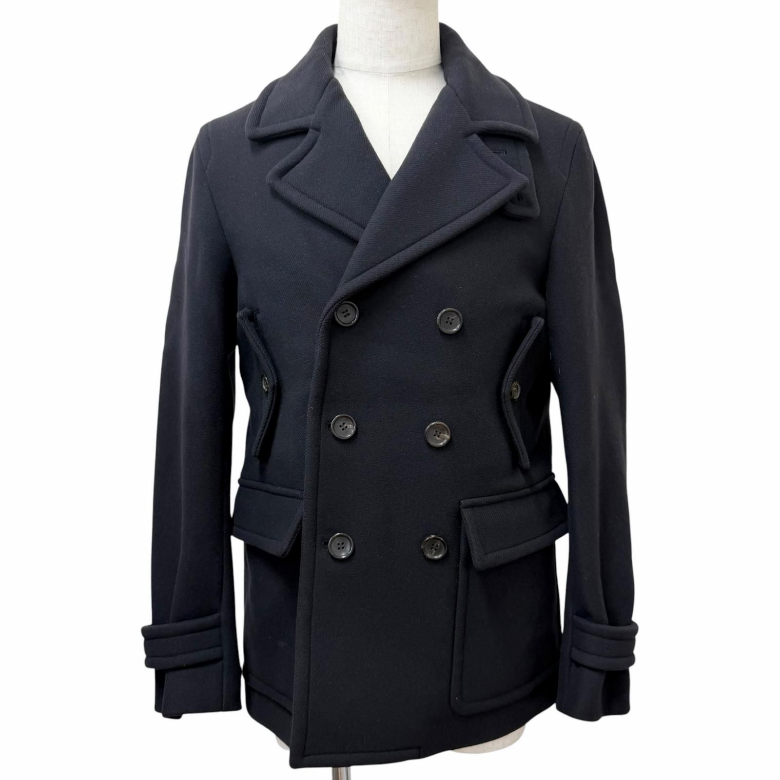 美品□GUCCI グッチ 299025 コットン100％ ロゴボタン ダブルブレスト ミドルコート ピーコート ネイビー 48 イタリア製 正規品 メンズ