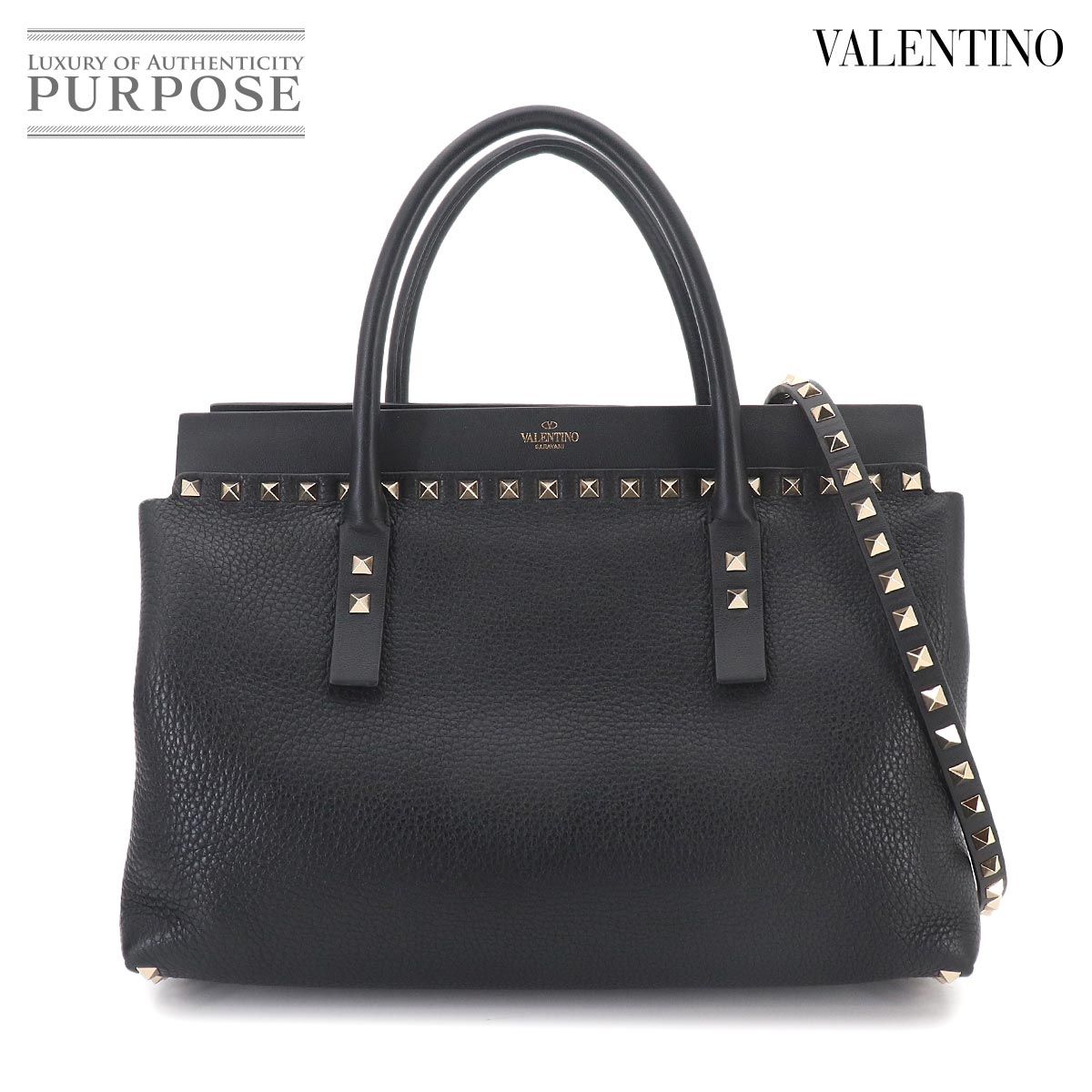 美品 ヴァレンティノ ガラヴァーニ VALENTINO GARAVANI ロックスタッズ 2way ハンド ショルダー バッグ レザー ブラック 90329391