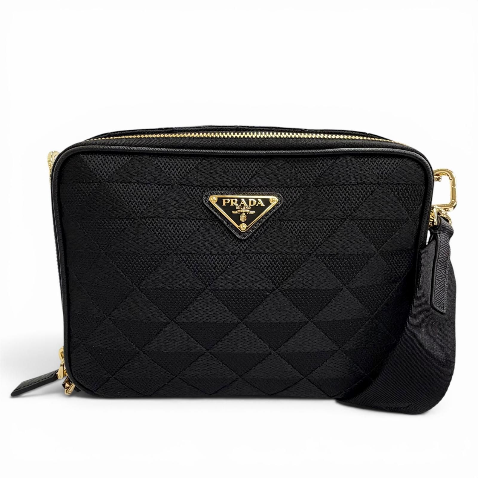 極美品△PRADA プラダ 2VH069 ブリック トライアングルロゴ トライアングルジャガード レザー使い ショルダーバッグ ブラック 保存袋付き