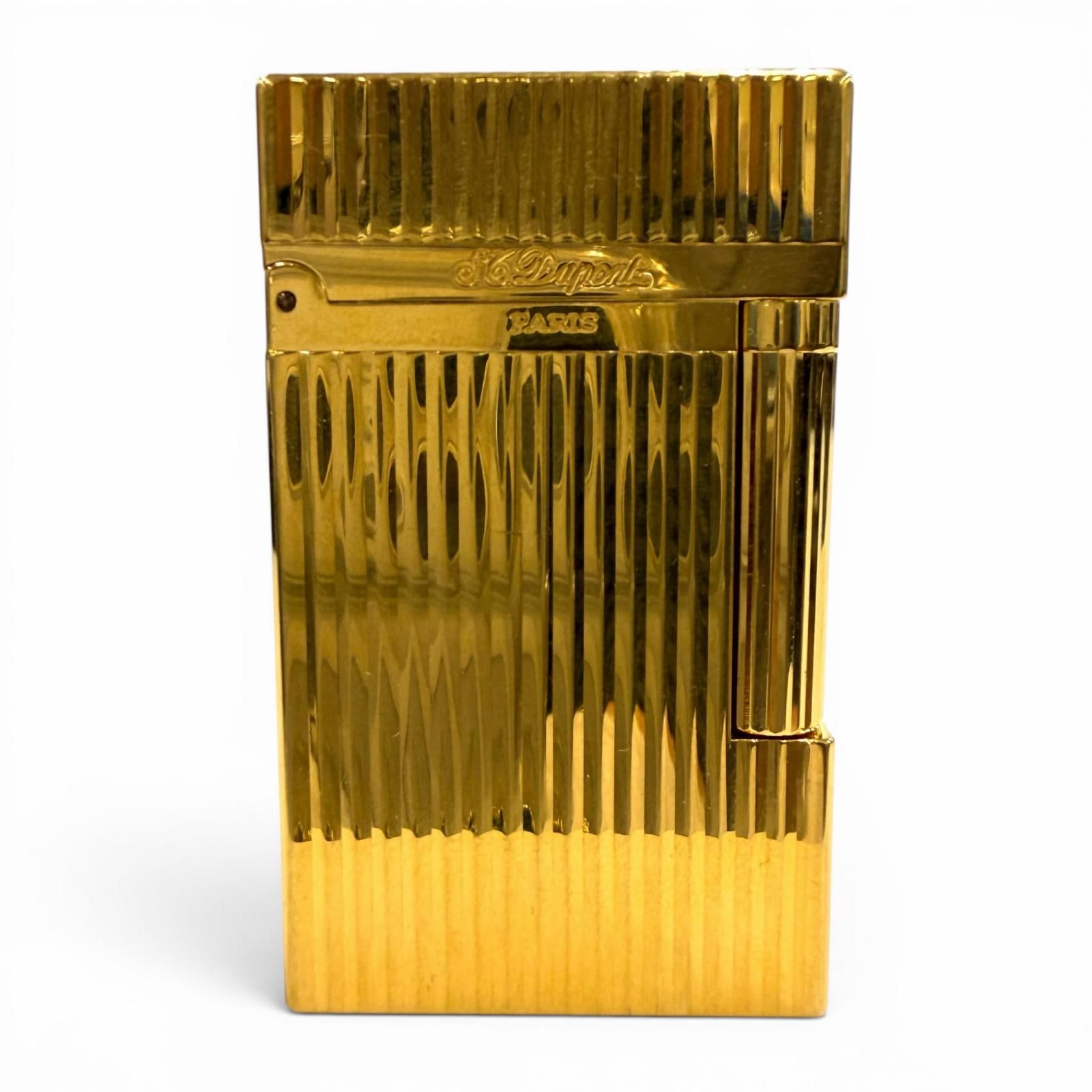 美品◇Dupont デュポン ライン2 ストライプ柄 スクエア ローラー式 ガスライター GP ゴールド フランス製 メンズ 着火確認済み ケース付