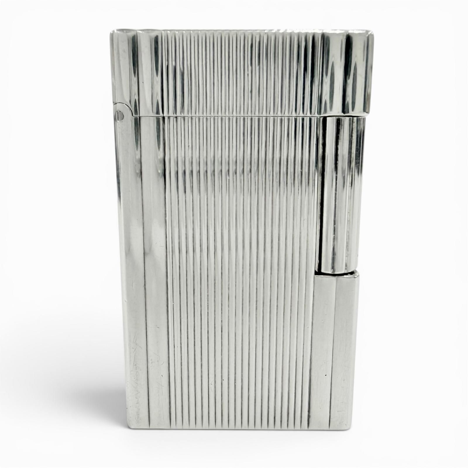 美品◇Dupont デュポン ライン1 ロング ストライプ柄 スクエア ローラー式 ガスライター 喫煙具 シルバー フランス製 メンズ 着火確認済