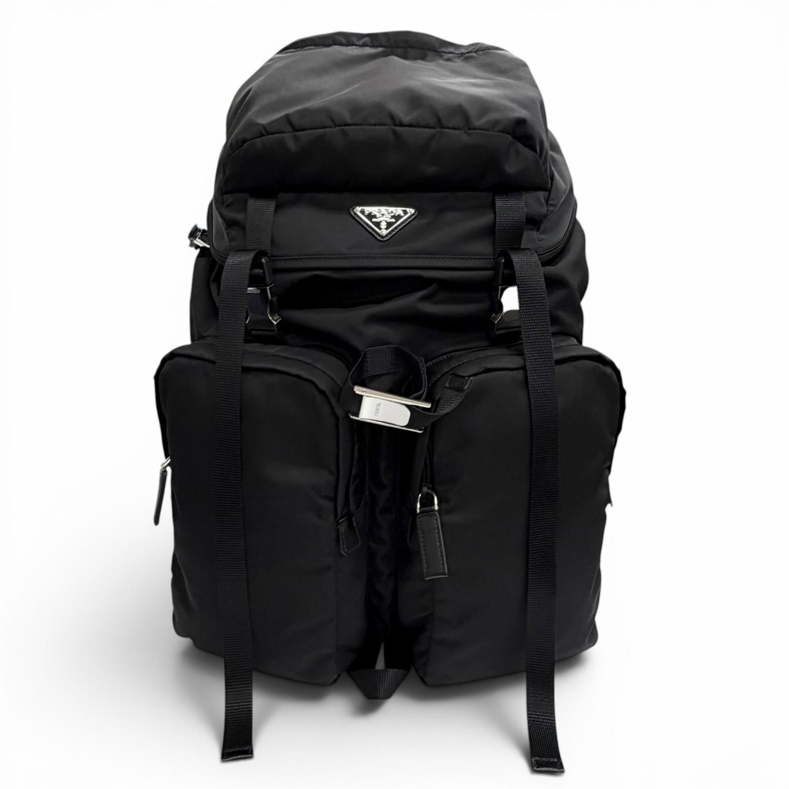 極美品△PRADA プラダ 2VZ019 トライアングルロゴ Re-Nylon レザー使い リュックサック デイパック ブラック 定価616000円 保存袋付き