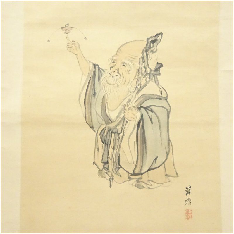 岡島清曠筆　南極寿星図（寿老人）　肉筆紙本掛軸（保護箱） 掛け軸 床の間 書 おしゃれ 絵画 表具 芸術 茶道 年中掛け インテリア 茶掛 掛物 和室 1月 冬