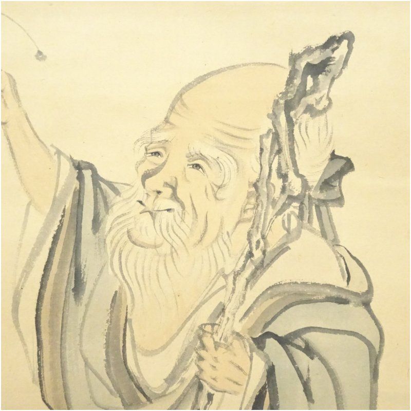 岡島清曠筆　南極寿星図（寿老人）　肉筆紙本掛軸（保護箱） 掛け軸 床の間 書 おしゃれ 絵画 表具 芸術 茶道 年中掛け インテリア 茶掛 掛物 和室 1月 冬