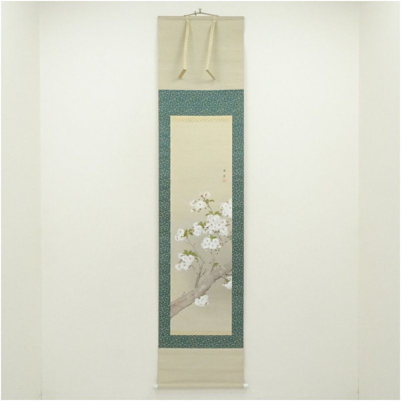 武田鼓葉筆　桜花　肉筆絹本掛軸（共箱） 掛け軸 床の間 書 おしゃれ 絵画 表具 芸術 茶道 年中掛け インテリア 茶掛 掛物 和室