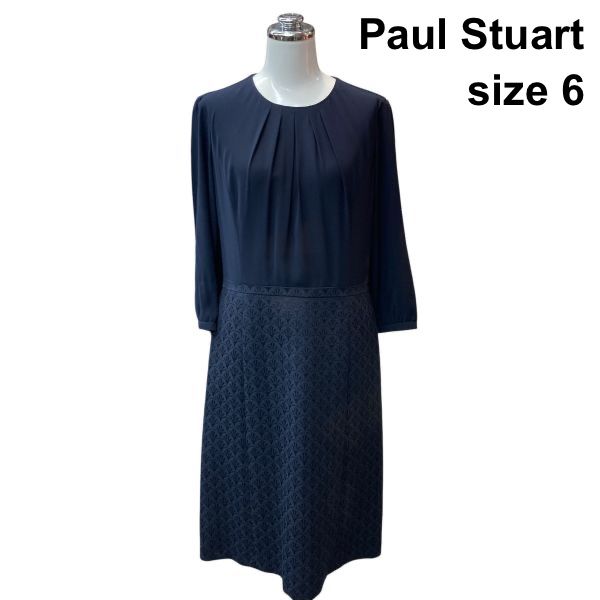 ◆ ポールスチュアート PaulStuart ドッキングワンピース 七分袖 ラウンドネック ミモレ丈 異素材 ジャガード 紺 6 M レディース Z6D236