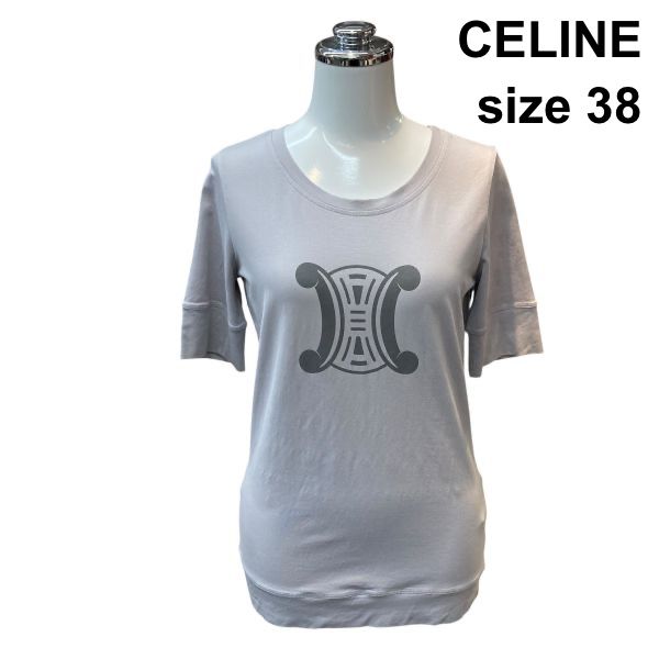 ●□ セリーヌ CELINE カットソー Tシャツ 半袖 ラウンドネック トリオンフ プルオーバー トップス グレー 綿混 S 7号 レディース Z6D234
