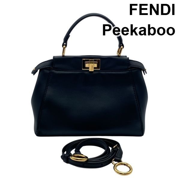 ● フェンディ FENDI ピーカブ ミニ Peekaboo ハンドバッグ ショルダーバッグ 2WAY ターンロック開閉 黒 ブラック レザー レディース 6D350