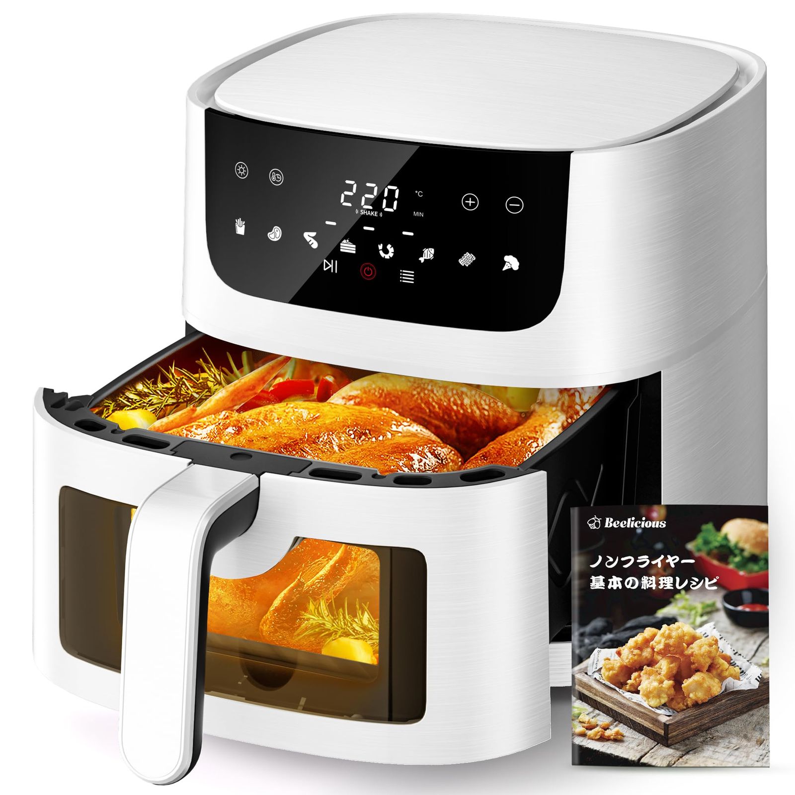 Beelicious ノンフライヤー 4.5L 可視窓 大容量 エアフライヤー オイルカット 省エネ80~220℃ 1~5人 家庭用 卓上 電気フライヤー ノンオイルフライヤー 揚げ物 惣菜 LEDタッチパネル タイマー 温度調整 日本語説明書&レシピ付きry