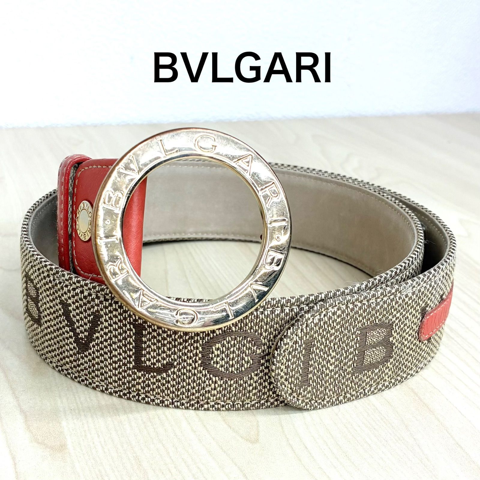 【ブルガリ BVLGARI】美品！ブルガリブルガリロゴマニアベルト ベージュ×レッド ⭐︎