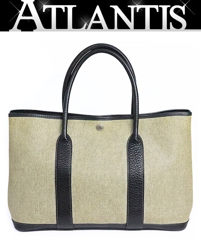 【広尾店】エルメス HERMES ガーデンパーティーPM トートバッグ コーティングトワルアッシュ グレー×黒 ▢F刻印(2002年製) 【19403】