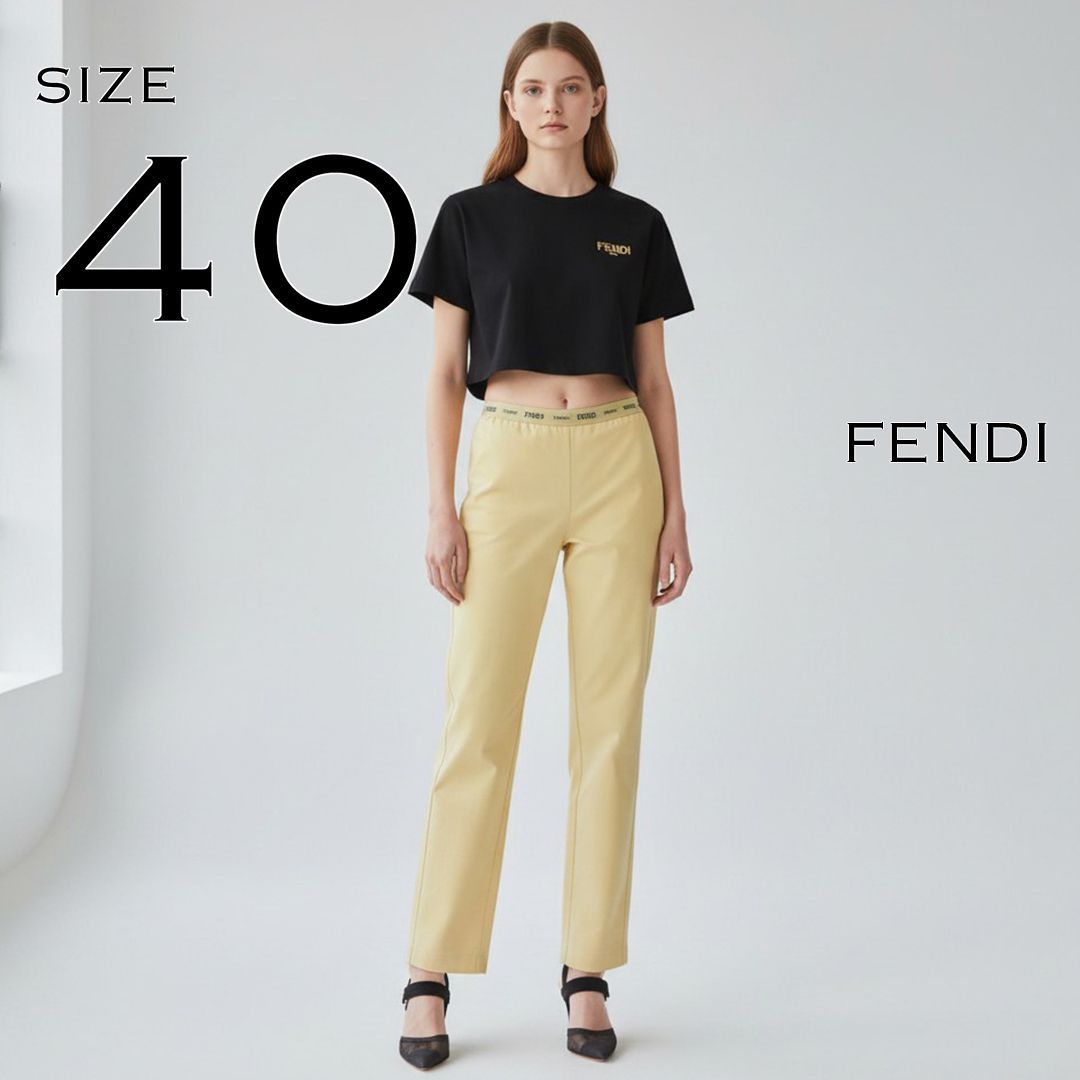 【美品】FENDI jeans フェンディ イタリア製 90s ヴィンテージ ウエストロゴライン ストレッチパンツ 40(JPN S～M)クリーム 【古着】【中古】【送料無料】