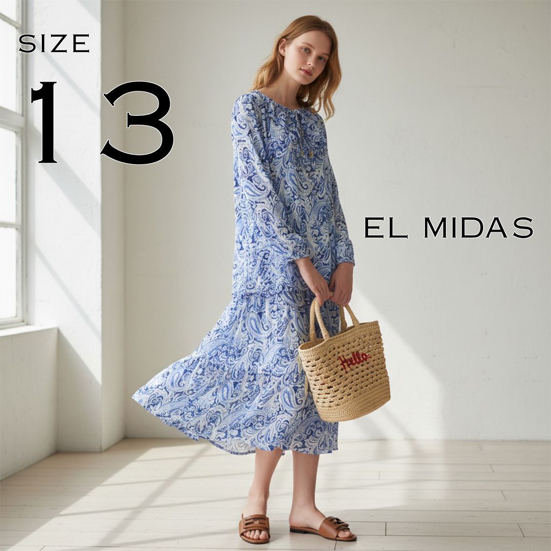 【美品】EL MIDASエルミダ 日本製 コットンガーゼ ペイズリー柄 セットアップ ブラウス&ロングスカート 13(XL)ブルー×ホワイト 総柄 【古着】【中古】【送料無料】