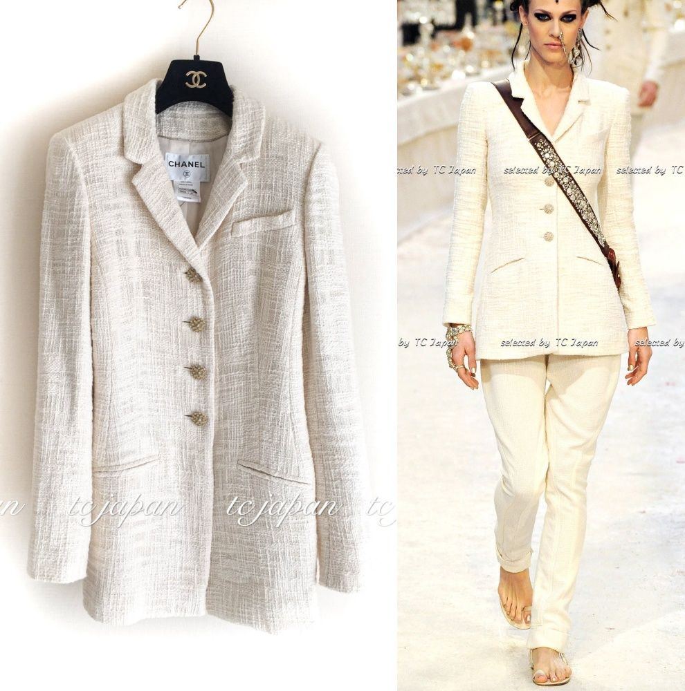 シャネル ジャケット CHANEL 12PF アイボリー グリポア宝石ボタン コットン ツイード カール・ラガーフェルド 超美品 36 38