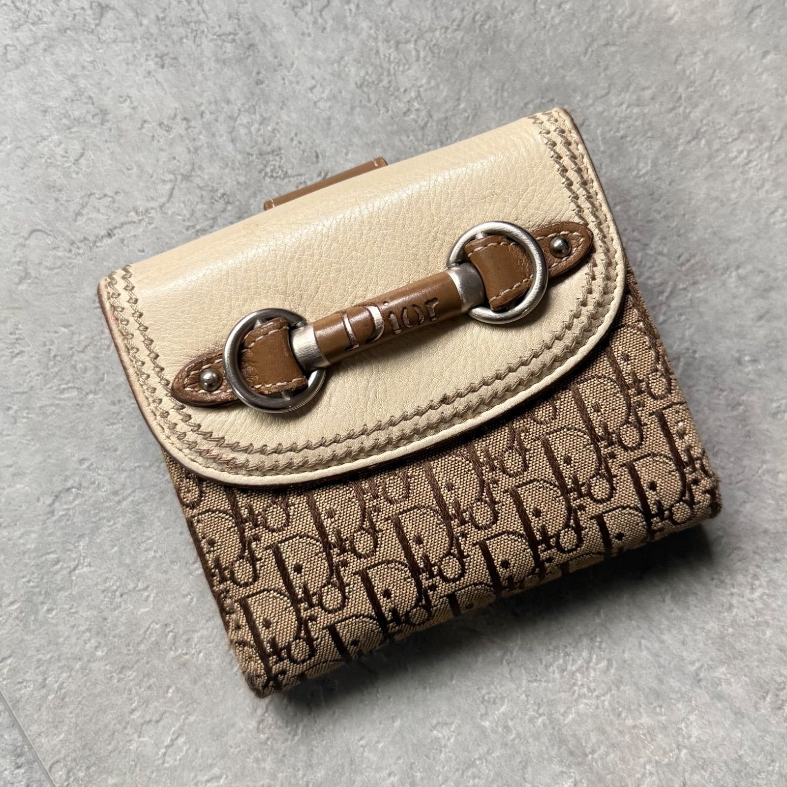 Christian Dior クリスチャンディオール ロゴ金具 トロッター オブリーク 二つ折り財布 キャンバス レザー ブラウン アイボリー wホック