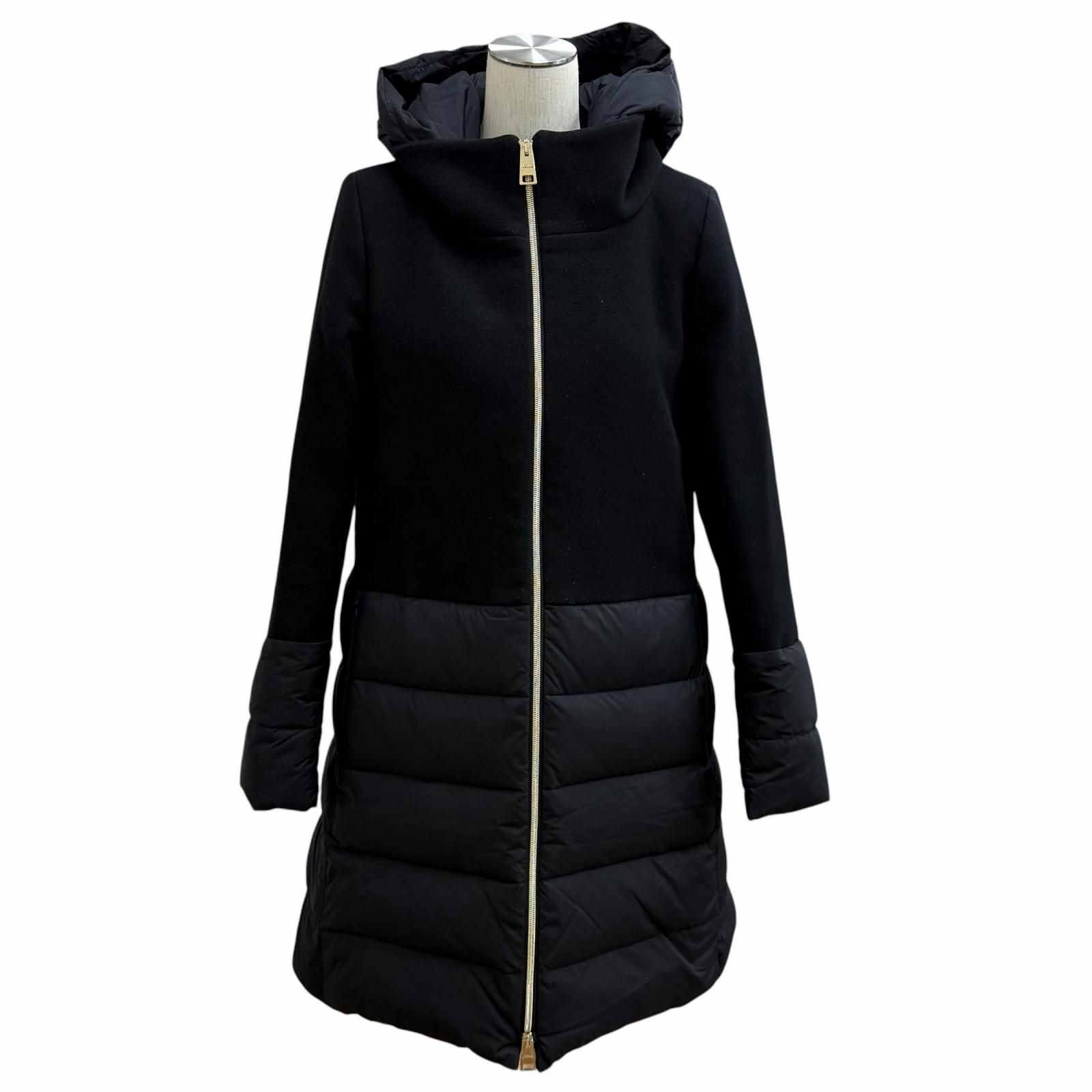 美品★Herno ヘルノ PI001564D ウール混 フード付 切替デザイン ZIP UP ダウンコート ブラック 44 イタリア製 正規品 レディース