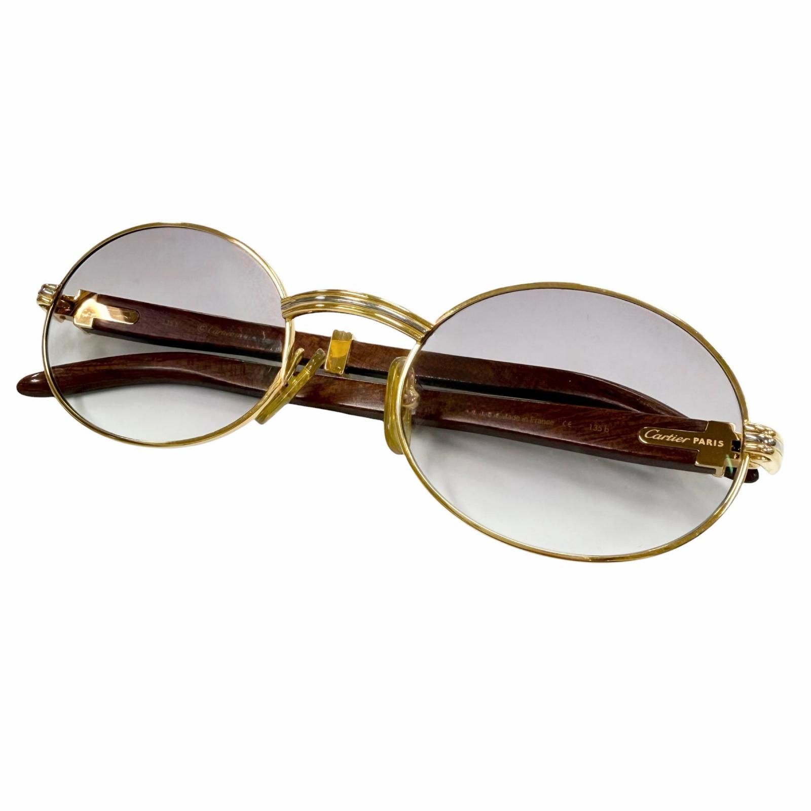 良品▼Cartier カルティエ トリニティ ウッドテンプル グラデーションレンズ ロゴ金具 アイウェア サングラス ゴールド ブラウン 53□22