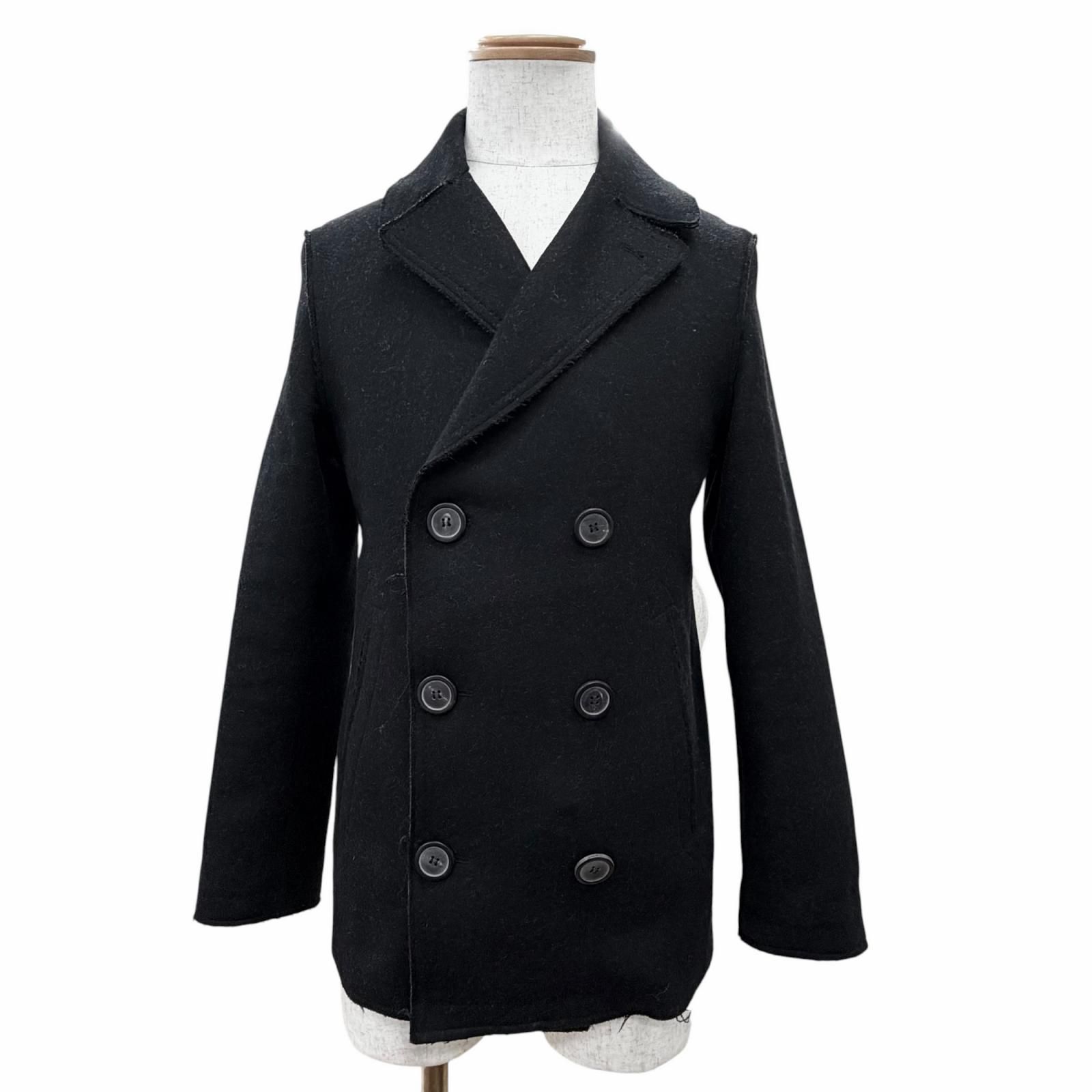 極美品△LANVIN ランバン M02CA106 ウール カットオフデザイン Pコート ピーコート ダブル ハーフコート ブラック 46 正規品 定価165900