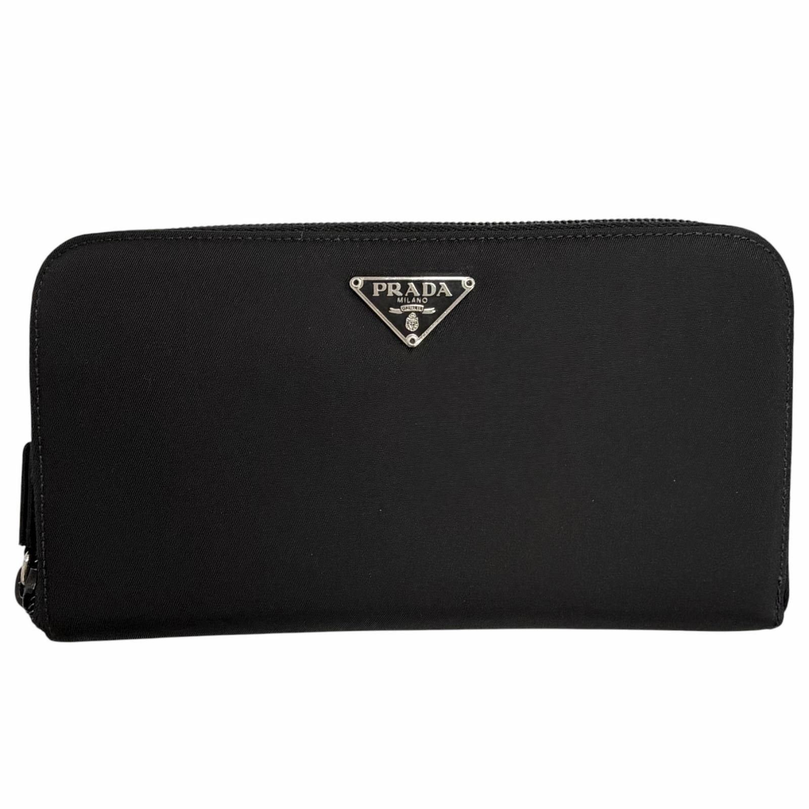 未使用品△PRADA プラダ M506 テスート ナイロン トライアングルロゴプレート ラウンドファスナーロングウォレット 長財布 ブラック