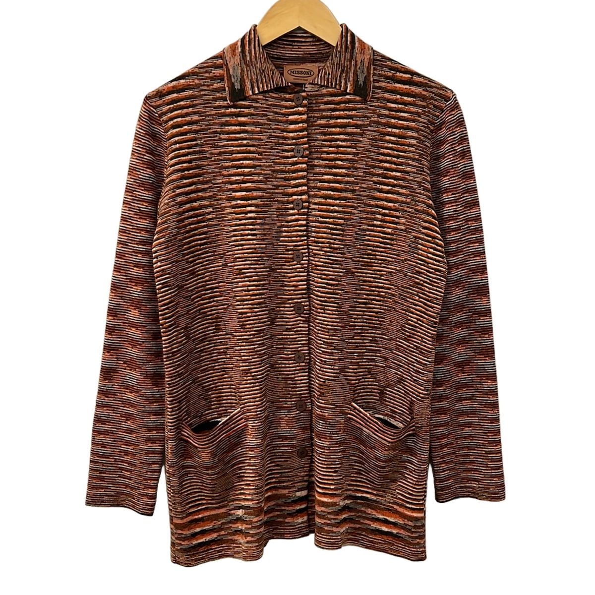 MISSONI(ミッソーニ) カーディガン サイズ42 M レディース美品 - ダークブラウン×オレンジ×マルチ 長袖/ボーダー