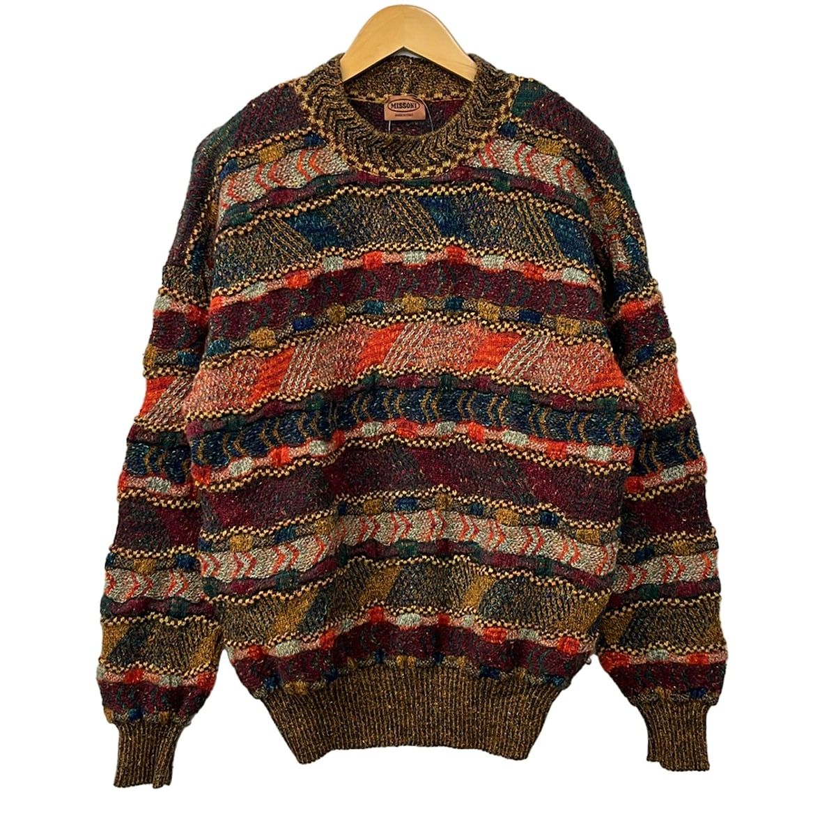 MISSONI(ミッソーニ) 長袖セーター サイズ50 M メンズ美品 - オレンジ×ダークブラウン×マルチ クルーネック/ボーダー