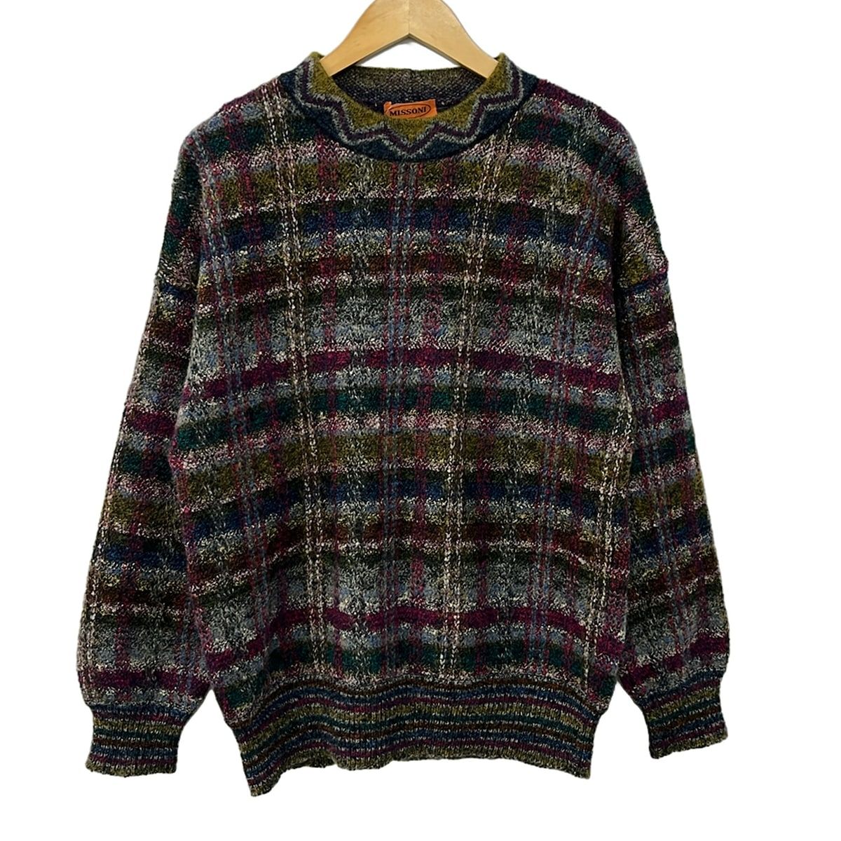 MISSONI(ミッソーニ) 長袖セーター サイズ48 M メンズ美品 - ボルドー×カーキ×マルチ クルーネック/チェック柄/ボーダー
