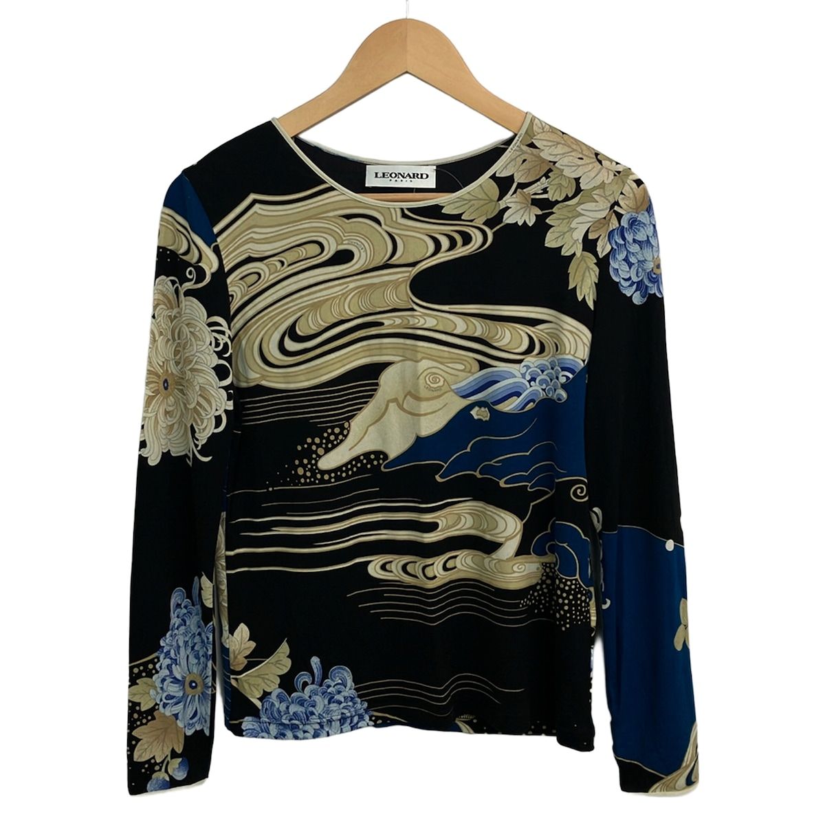 LEONARD(レオナール) 長袖カットソー サイズ36 S レディース美品 - 黒×ベージュ×マルチ クルーネック/シルク/花柄