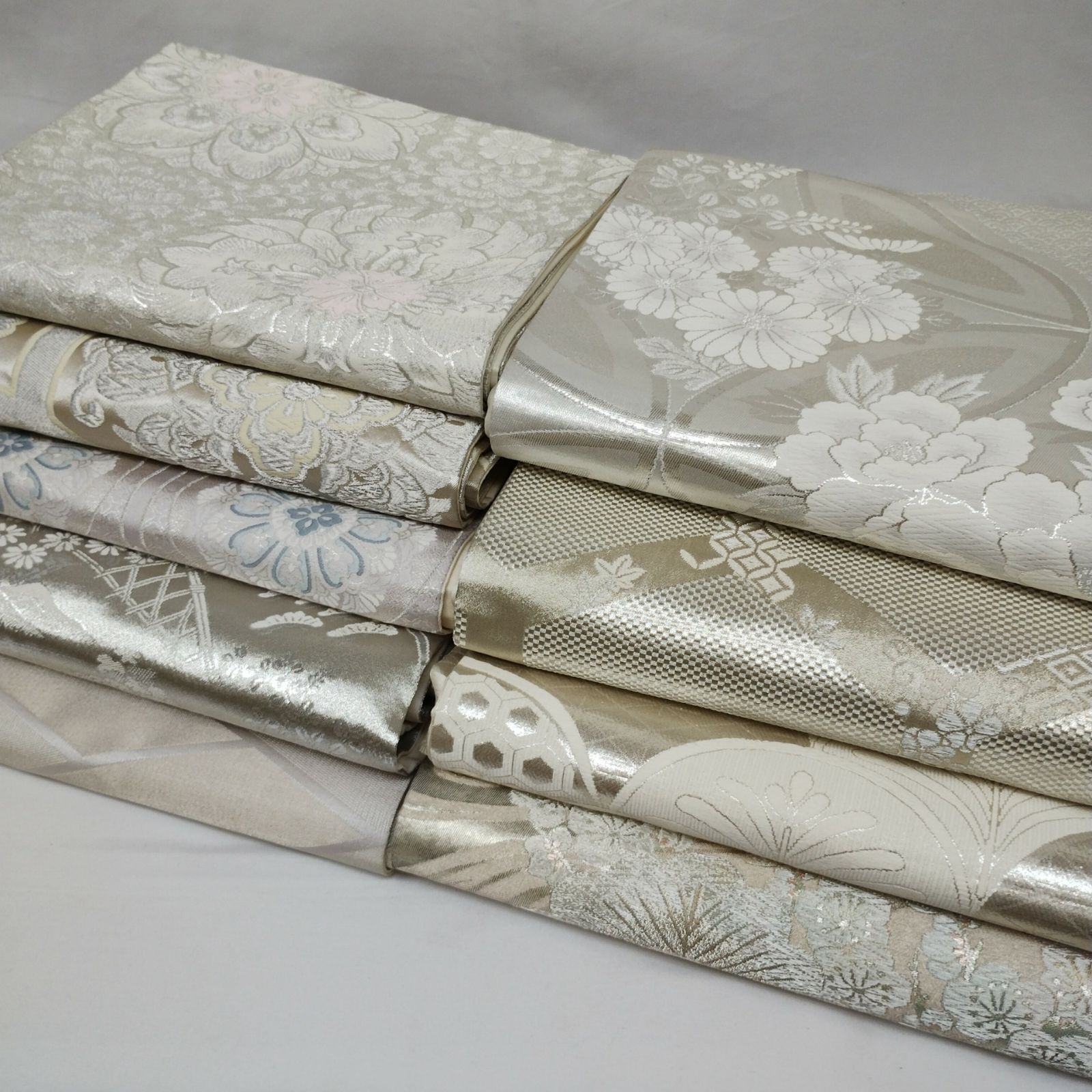 ON006001 レトロ袋帯　白シルバー系 9本セット シンプル