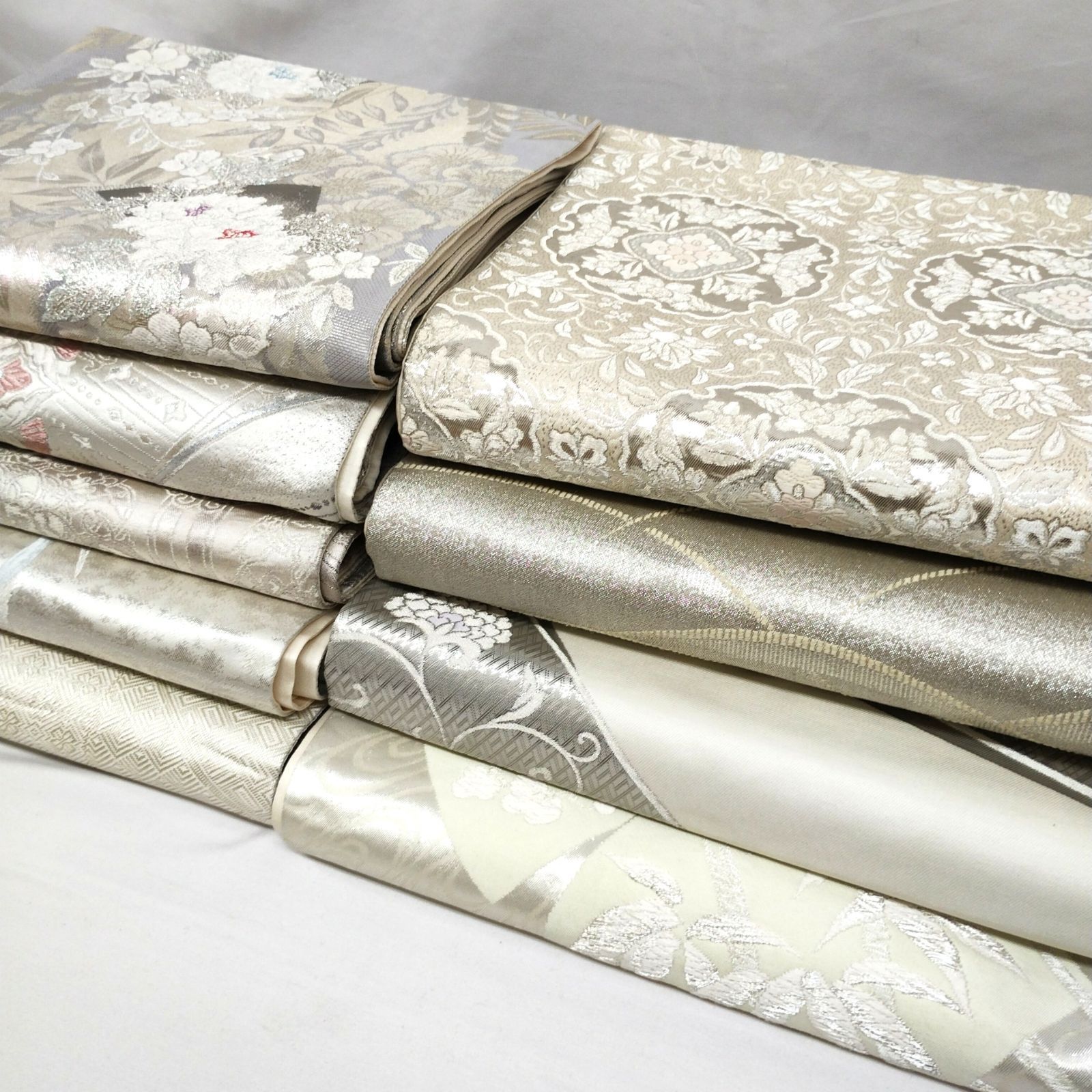 ON006002 レトロ袋帯　白シルバー系 9本セット シンプル