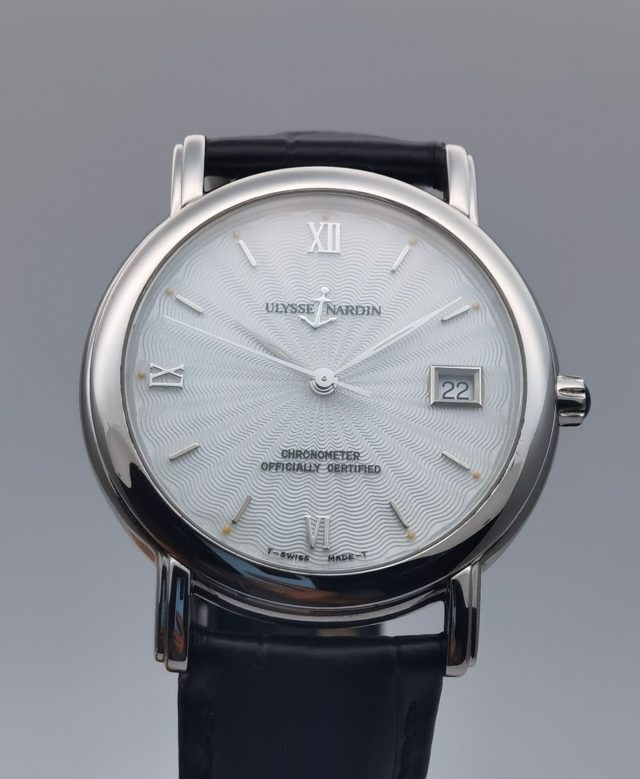 中古 ユリスナルダン Ulysse Nardin サンマルコ 133-77-9 クロノメーター デイト SS シルバー文字盤 自動巻き メンズ 腕時計