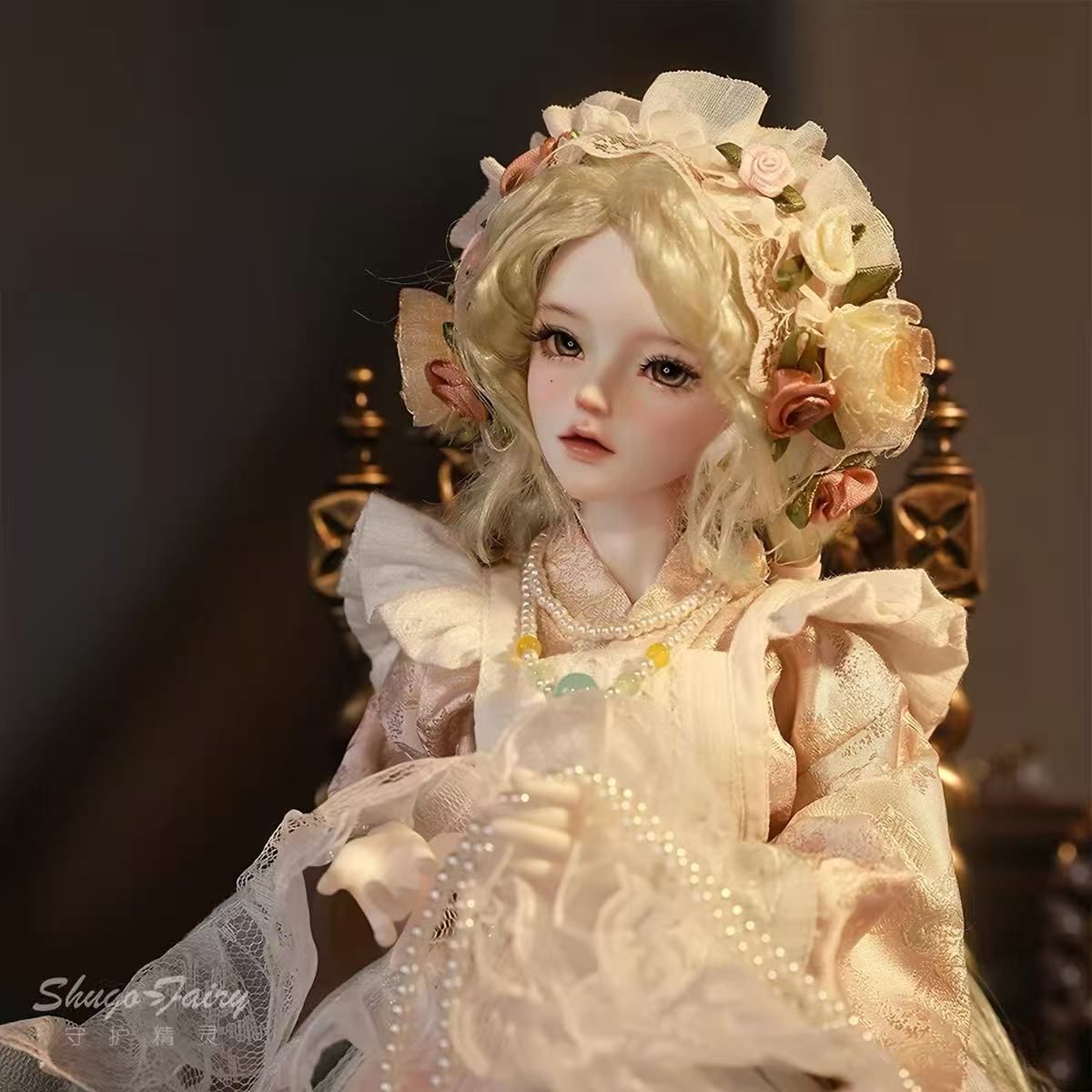 ヴィンテージ花飾り BJD ドール フルメイク ワンピース小物一式付き