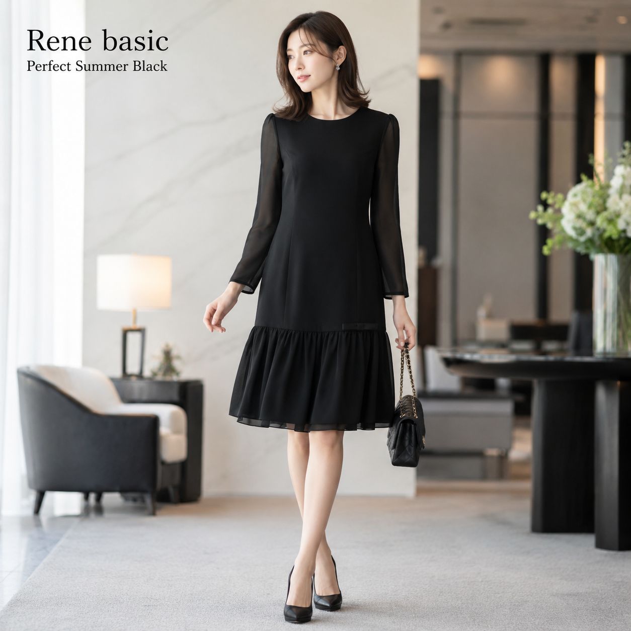 【未使用に近い / オーラを放つ名作を / シアー袖 の透け感】Rene basic 5636040A / ルネ パーフェクトサマーブラック ワンピース 36「S〜M 7〜9号相当」 ブラック オーガンジー袖 オールシーズンー 長袖 人気商品