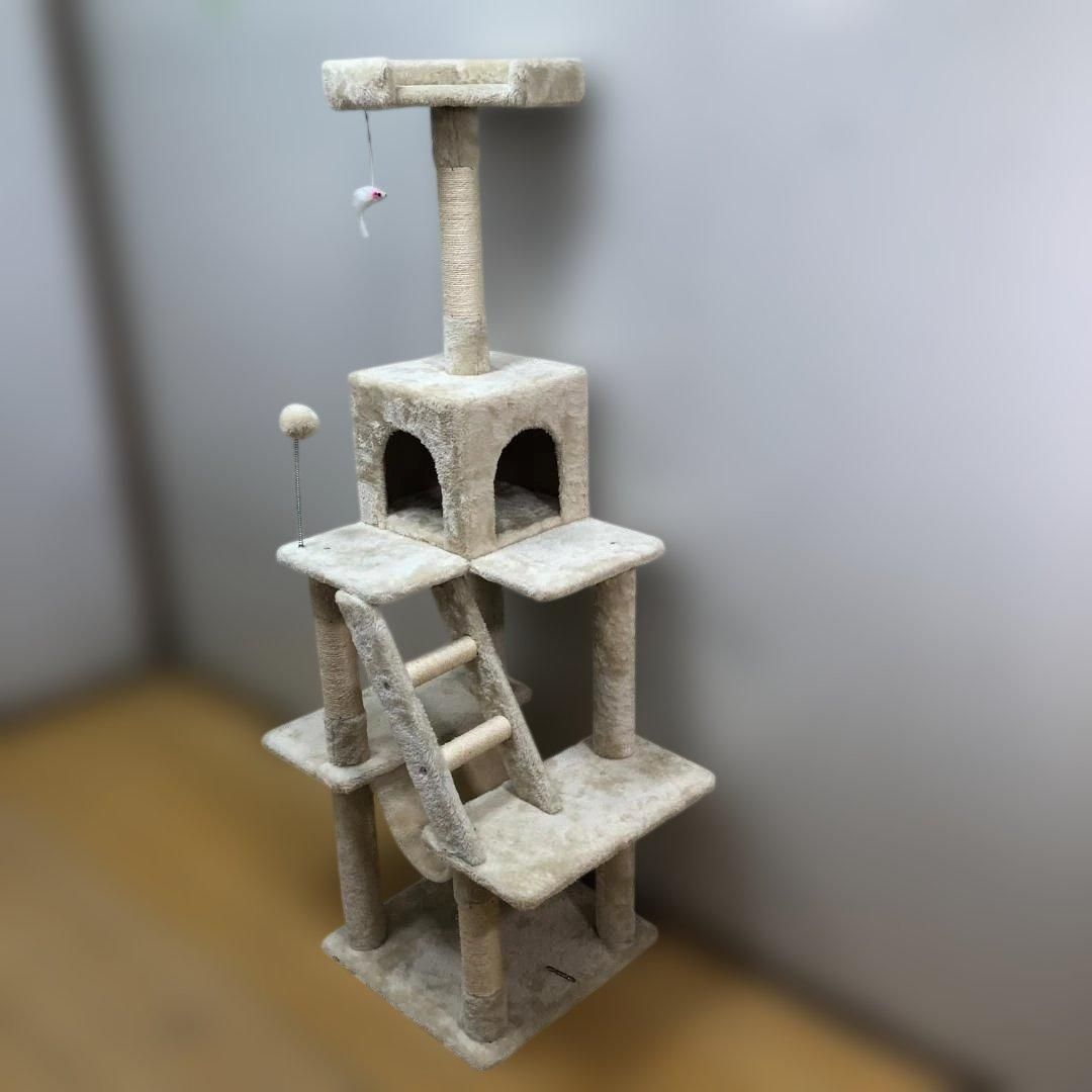 未使用級 キャットタワー ベージュ 据え置き型 ハンモック 猫ハウス 爪とぎ 麻ポール 多段ステップ 省スペース 猫用品 室内飼い ネコタワー ペット用品　260513-1