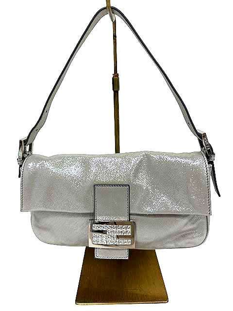 【中古】FENDI フェンディ マンマバケット レザー×ラインストーン ショルダーバッグ シルバー 8BR600＿s17＿セルモアから出品＿s-0233-r17