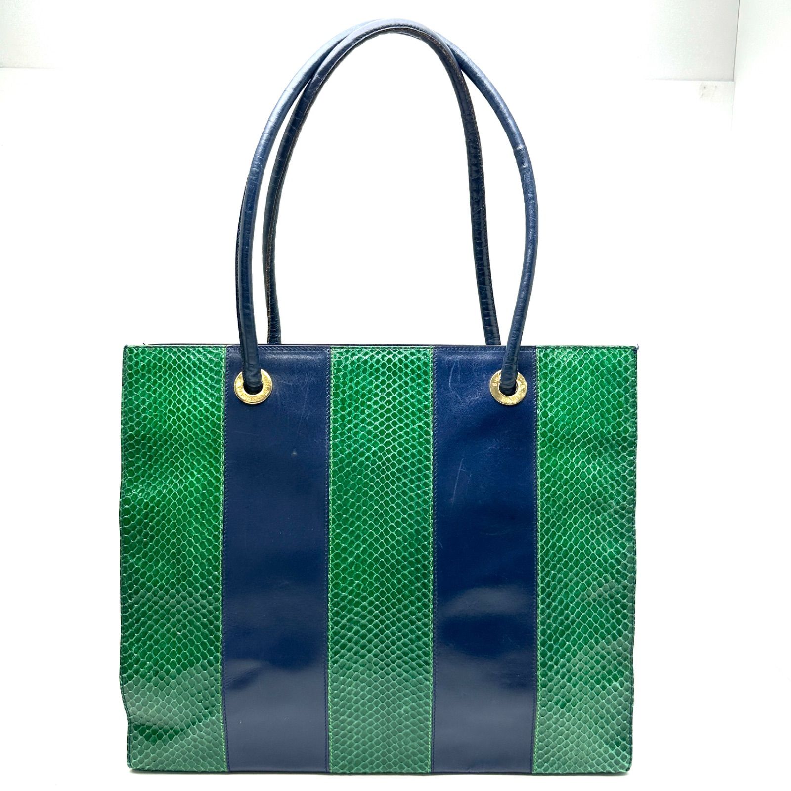 【楠本質店/元住吉】セリーヌ　CELINE　トートバッグ　パイソン　レザー　グリーン　ネイビー　ゴールド金具　M09　レディース　ヴィンテージ
