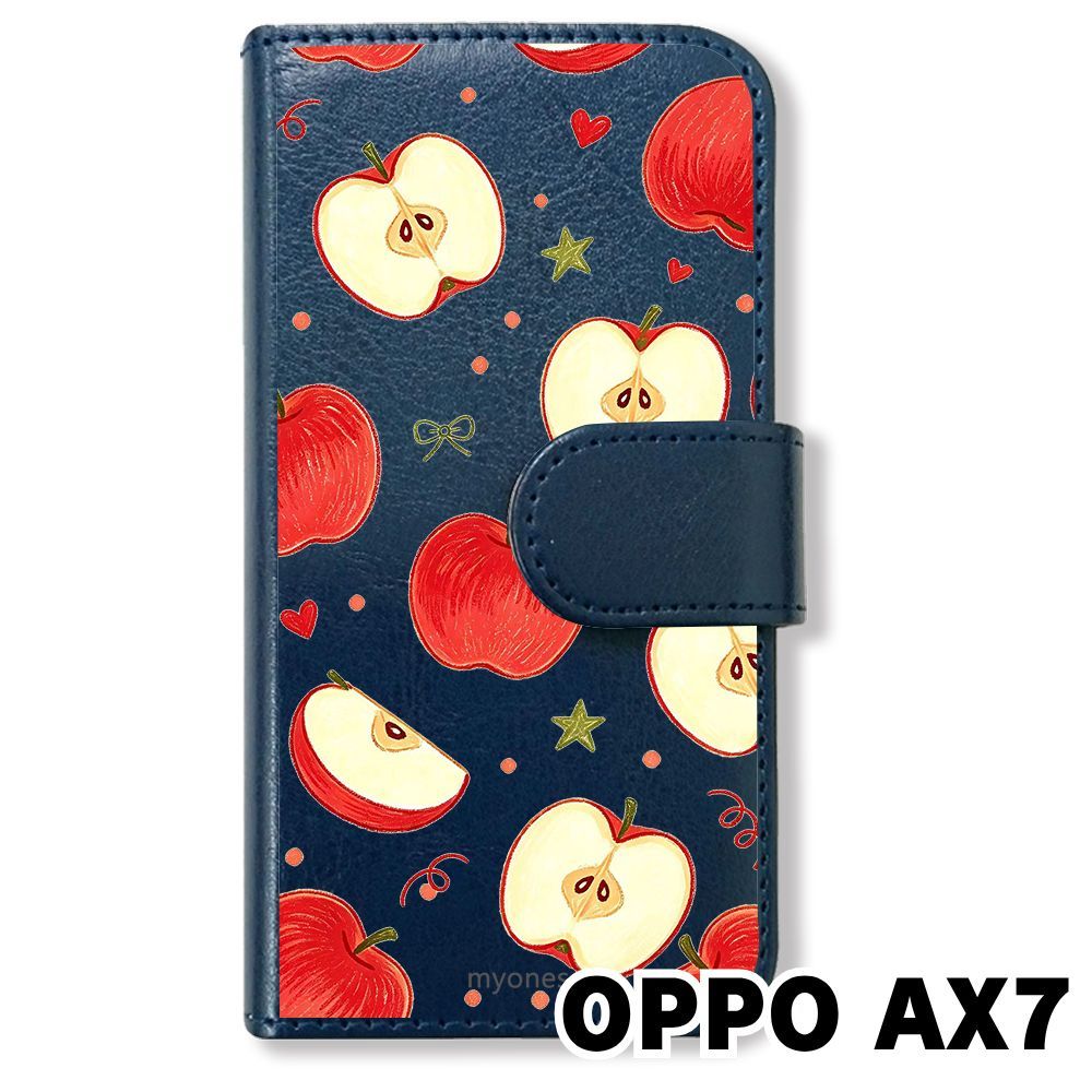 新品未使用】 OPPO AX7 手帳型スマホ ケース (色：ネイビー×りんご総柄 