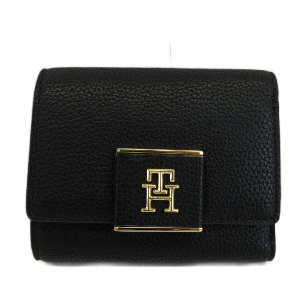 トミーヒルフィガー TOMMY HILFIGER 財布 三つ折り フェイクレザー THロゴ ゴールド金具 黒 ブラック /XZ ■GY18