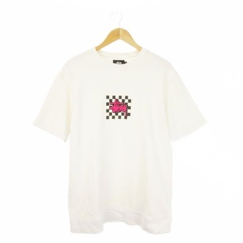 ステューシー STUSSY トレーナー XL 白 ホワイト チェッカー柄 ロゴプリント 半袖 /CK15 ■GY99