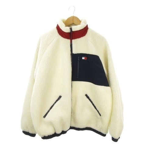 トミー TOMMY JEANS ボアジャケット 上着 L 白 ホワイト 切替デザイン ハイネック ジップアップ 長袖 400000346 /MN24 ■GY50
