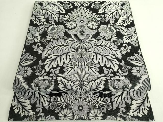 平和屋着物●極上　本場筑前博多織　八寸名古屋帯　洋花文　黒地　逸品　DZAB7252kh6